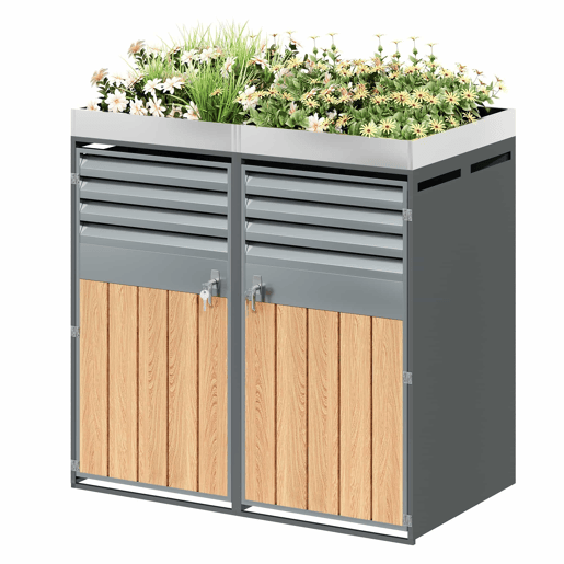 Contentor do lixo 132x80x124,5 cm - com ventilação de ripas, com fechadura, 2 portas, área para plantas - CinzaMadeira