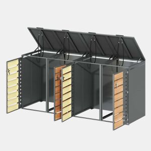 Caixa para lixo 132x80x118 cm - Com tampa rebatível, compartimentos de armazenamento, fechadura, quatro portas, painel da porta com design em diamante - Cinza, Madeira