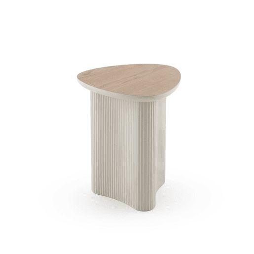 Mesa de centro em metal branco e folheada em madeira de hevea
