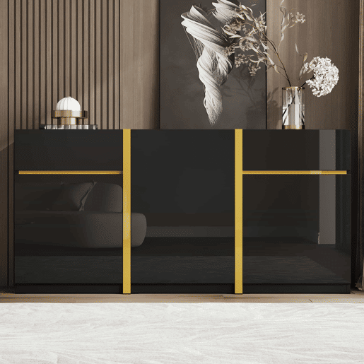 Aparador luxuoso - 3 portas e 2 gavetas - Acabamento lacado brilhante - Estilo moderno - Ideal para sala de estar, sala de jantar e entrada - Cor preta