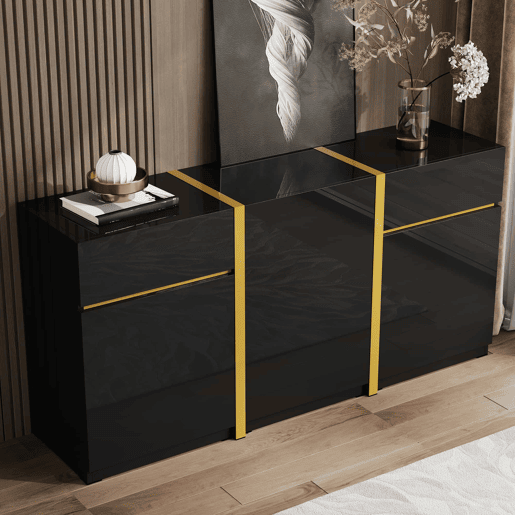 Aparador luxuoso - 3 portas e 2 gavetas - Acabamento lacado brilhante - Estilo moderno - Ideal para sala de estar, sala de jantar e entrada - Cor preta