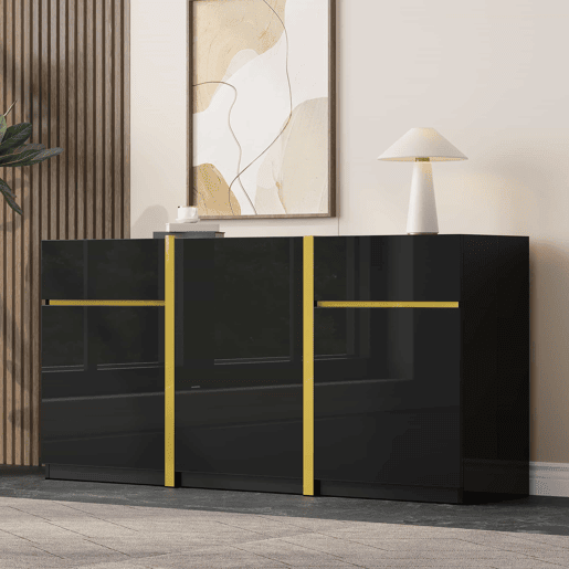 Aparador luxuoso - 3 portas e 2 gavetas - Acabamento lacado brilhante - Estilo moderno - Ideal para sala de estar, sala de jantar e entrada - Cor preta