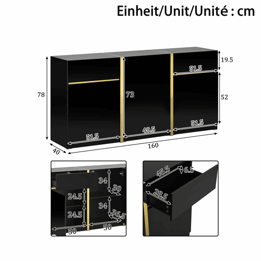 Aparador luxuoso - 3 portas e 2 gavetas - Acabamento lacado brilhante - Estilo moderno - Ideal para sala de estar, sala de jantar e entrada - Cor preta