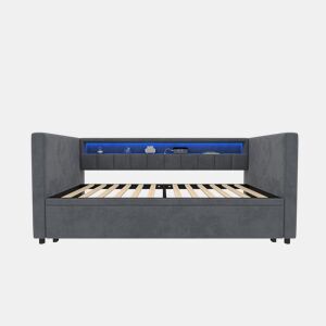 Sofá-cama multifuncional 90x190 cm - Cama extraível, USB Type-C, LED ambiente, armazenamento - Cinza