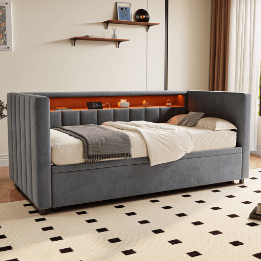 Sofá-cama multifuncional 90x190 cm - Cama extraível, USB Type-C, LED ambiente, armazenamento - Cinza