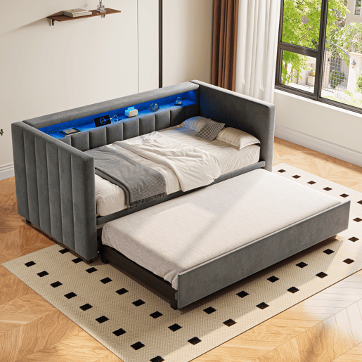 Sofá-cama multifuncional 90x190 cm - Cama extraível, USB Type-C, LED ambiente, armazenamento - Cinza