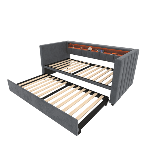 Sofá-cama multifuncional 90x190 cm - Cama extraível, USB Type-C, LED ambiente, armazenamento - Cinza