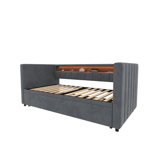 Sofá-cama multifuncional 90x190 cm - Cama extraível, USB Type-C, LED ambiente, armazenamento - Cinza