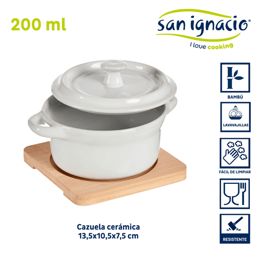 Caçarola redonda de cerâmica com base de bambu, coleção VESSIA