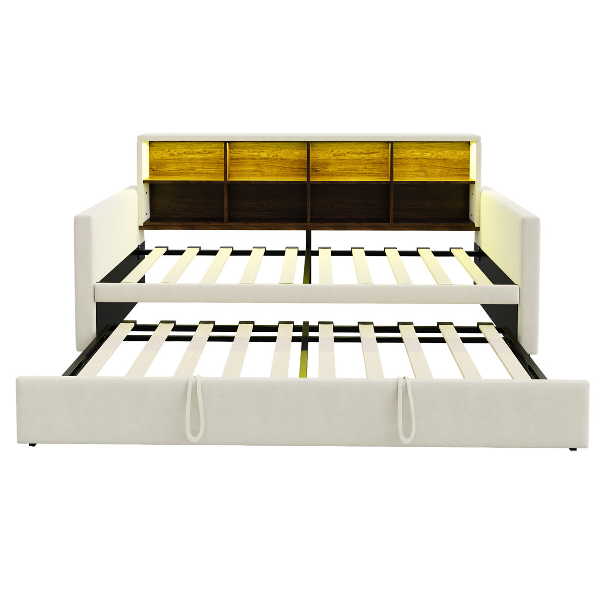 Sofá cama 90x190 cm - cabecero con almacenamiento, led, toma de carga, con cama extraíble - beige