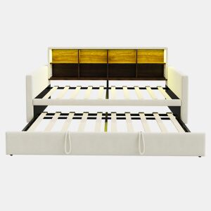 Sofá-cama 90x190 cm - Cabeceira com arrumação, LED, tomada de carregamento, com cama extraível - Bege