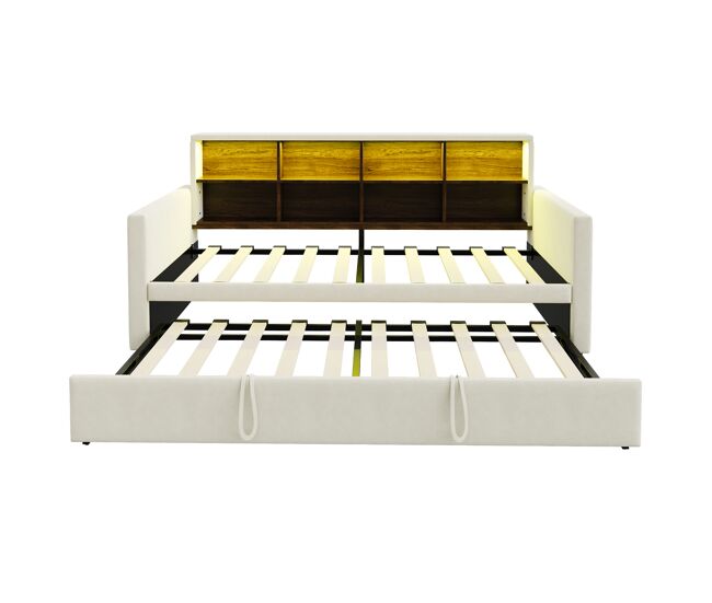 Sofá cama 90x190 cm - cabecero con almacenamiento, led, toma de carga, con cama extraíble - beige