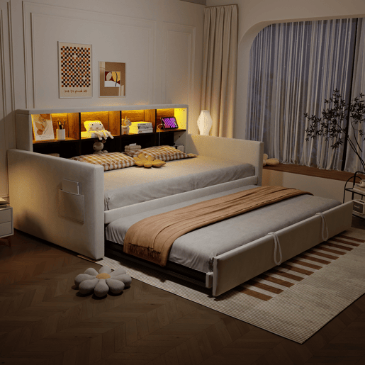 Sofá-cama 90x190 cm - Cabeceira com arrumação, LED, tomada de carregamento, com cama extraível - Bege