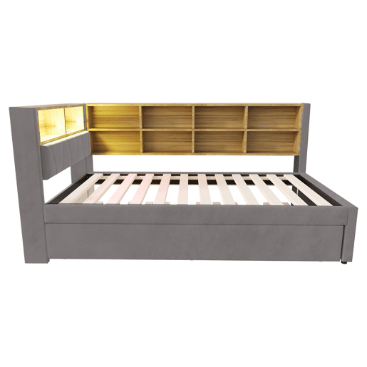 Sofá-cama 90x200 - Cama extensível 90x190, com luzes LED, tomadas e compartimentos, Flanela, Cinza escuro