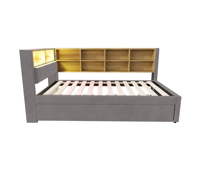 Sofá cama 90x200 - cama extensible 90x190, con luces led, enchufes y compartimentos, flanela, gris oscuro
