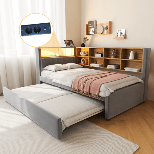 Sofá-cama 90x200 - Cama extensível 90x190, com luzes LED, tomadas e compartimentos, Flanela, Cinza escuro