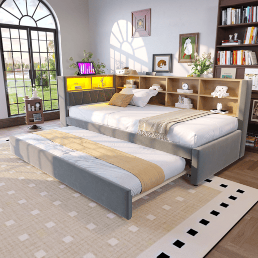 Sofá-cama 90x200 - Cama extensível 90x190, com luzes LED, tomadas e compartimentos, Flanela, Cinza escuro