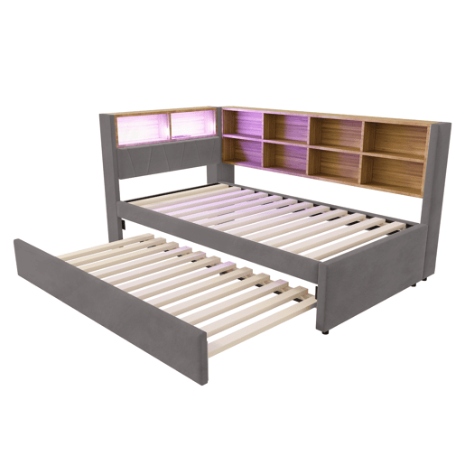 Sofá-cama 90x200 - Cama extensível 90x190, com luzes LED, tomadas e compartimentos, Flanela, Cinza escuro