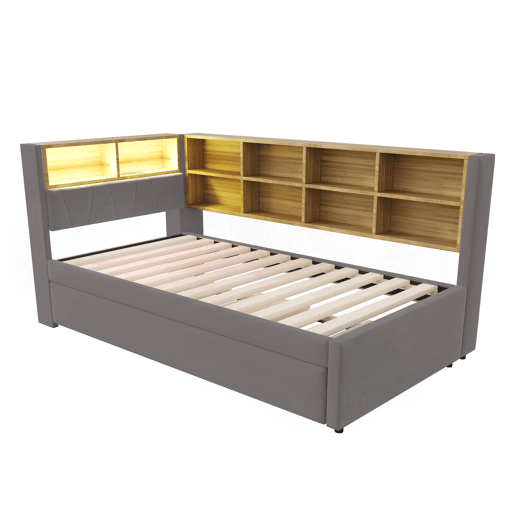 Sofá-cama 90x200 - Cama extensível 90x190, com luzes LED, tomadas e compartimentos, Flanela, Cinza escuro