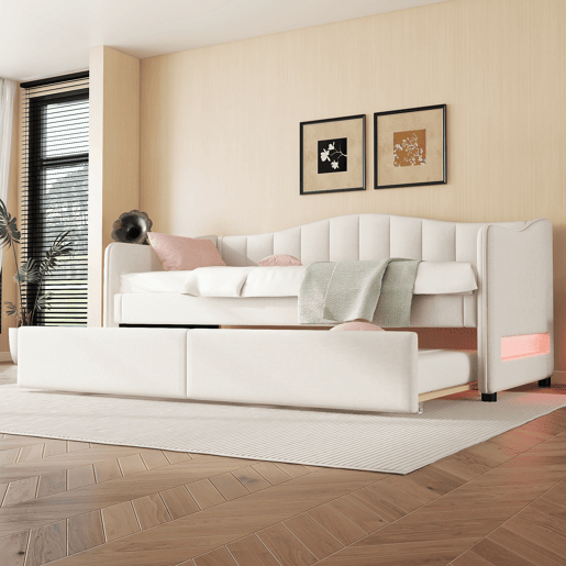 Cama individual 90x200 cm - sofá-cama extensível, luz ambiente, linho, estilo minimalista - bege