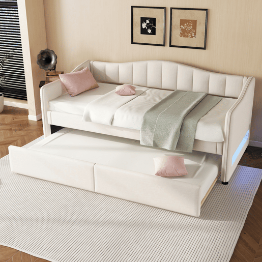 Cama individual 90x200 cm - sofá-cama extensível, luz ambiente, linho, estilo minimalista - bege