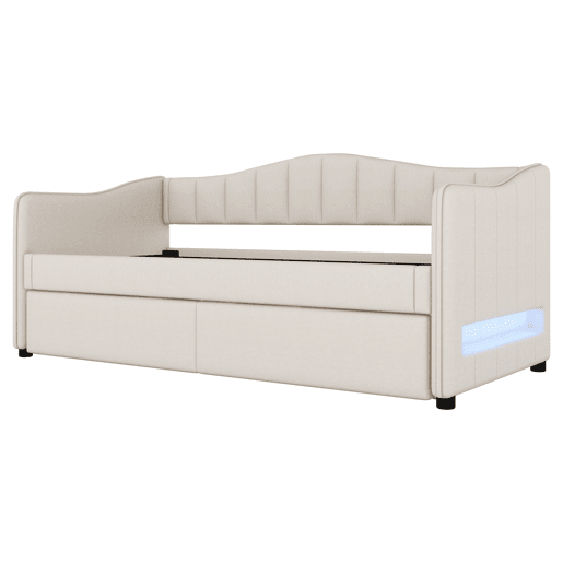 Cama individual 90x200 cm - sofá-cama extensível, luz ambiente, linho, estilo minimalista - bege