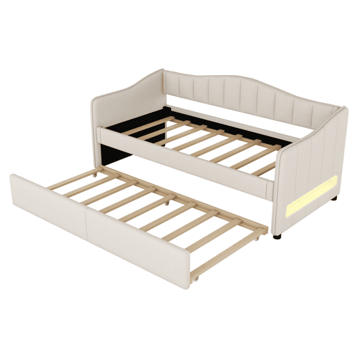 Cama individual 90x200 cm - sofá-cama extensível, luz ambiente, linho, estilo minimalista - bege