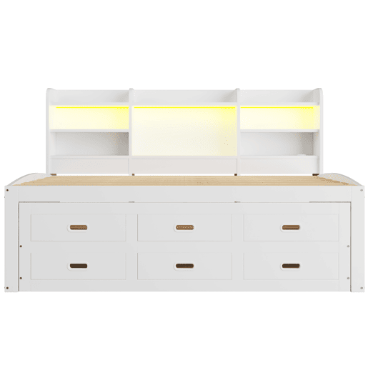 Sofá-cama Daybed 90x200 cm - LED, 3 gavetas, secretária, cama extraível, USB+Type-C - Branco