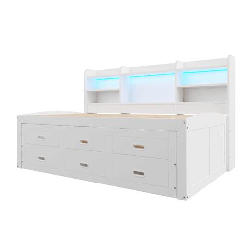 Sofá-cama Daybed 90x200 cm - LED, 3 gavetas, secretária, cama extraível, USB+Type-C - Branco