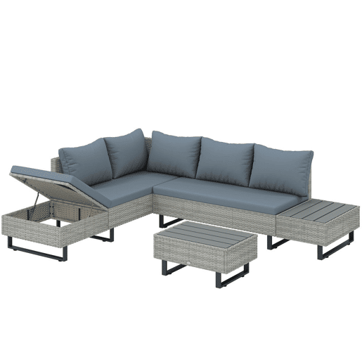 Outsunny Conjunto de Jardim em Vime de 3 Peças Encosto Ajustável Conjunto de Terraço Móveis de Jardim Exterior com Almofadas Sofá de 3 Lugares Sofá de 2 Lugares Mesa em Madeira Plástica Cinzento