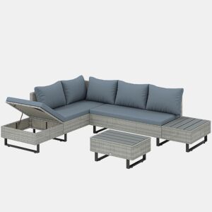 Outsunny Conjunto de Jardim em Vime de 3 Peças Encosto Ajustável Conjunto de Terraço Móveis de Jardim Exterior com Almofadas Sofá de 3 Lugares Sofá de 2 Lugares Mesa em Madeira Plástica Cinzento