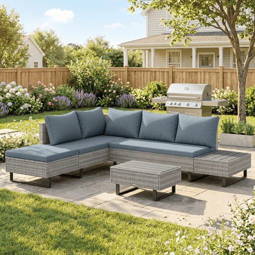 Outsunny Conjunto de Jardim em Vime de 3 Peças Encosto Ajustável Conjunto de Terraço Móveis de Jardim Exterior com Almofadas Sofá de 3 Lugares Sofá de 2 Lugares Mesa em Madeira Plástica Cinzento