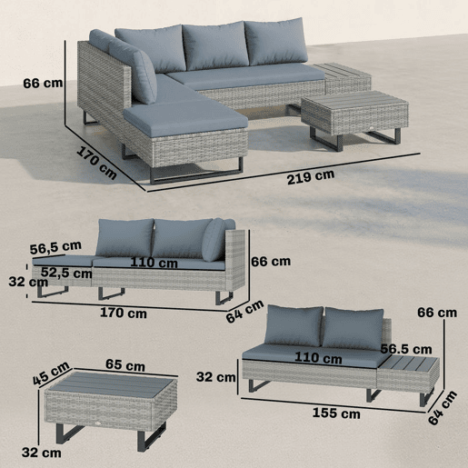 Outsunny Conjunto de Jardim em Vime de 3 Peças Encosto Ajustável Conjunto de Terraço Móveis de Jardim Exterior com Almofadas Sofá de 3 Lugares Sofá de 2 Lugares Mesa em Madeira Plástica Cinzento