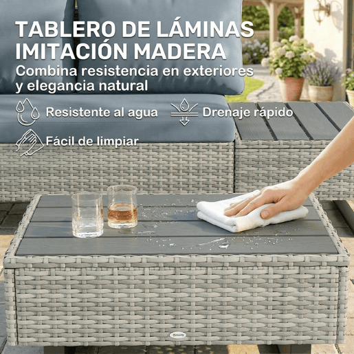 Outsunny Conjunto de Jardim em Vime de 3 Peças Encosto Ajustável Conjunto de Terraço Móveis de Jardim Exterior com Almofadas Sofá de 3 Lugares Sofá de 2 Lugares Mesa em Madeira Plástica Cinzento