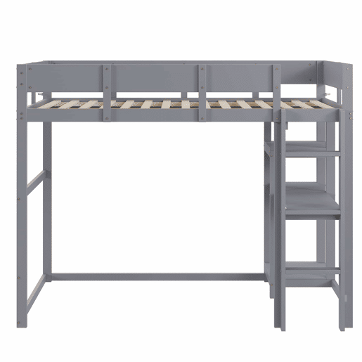 Cama alta 90x200 cm - Estrutura em madeira maciça de pinho com prateleira e base de colchão, para crianças e adolescentes - Cinza