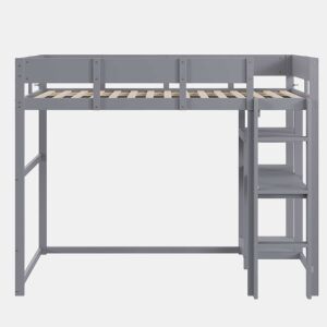 Cama alta 90x200 cm - Estrutura em madeira maciça de pinho com prateleira e base de colchão, para crianças e adolescentes - Cinza