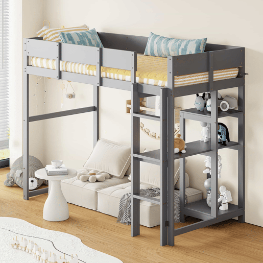 Cama alta 90x200 cm - Estrutura em madeira maciça de pinho com prateleira e base de colchão, para crianças e adolescentes - Cinza
