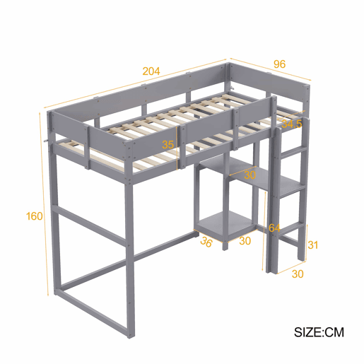 Cama alta 90x200 cm - Estrutura em madeira maciça de pinho com prateleira e base de colchão, para crianças e adolescentes - Cinza