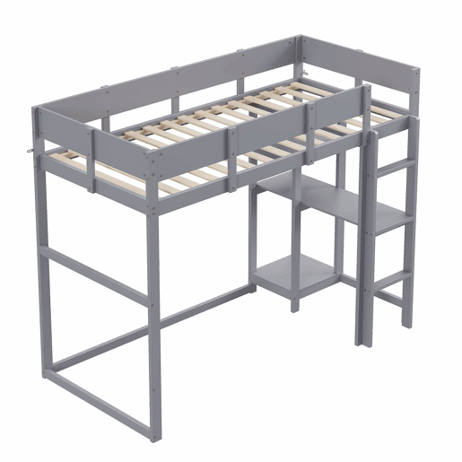 Cama alta 90x200 cm - Estrutura em madeira maciça de pinho com prateleira e base de colchão, para crianças e adolescentes - Cinza