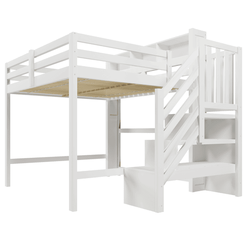 Beliche 140x200 cm - com luzes LED, grande espaço de armazenamento, escada com prateleira, sem colchão - Branco