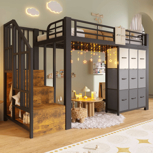 Beliche alto 90x200 cm - com gavetas, barra para roupa, grade de proteção, escada com espaço de arrumação - Preto