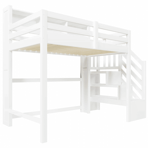 Beliche 90x200 cm - com luzes LED, grande espaço de armazenamento, escada com prateleiras, sem colchão - Branco