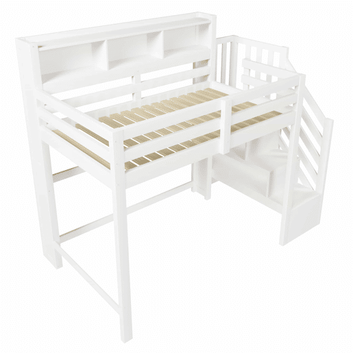 Beliche 90x200 cm - com luzes LED, grande espaço de armazenamento, escada com prateleiras, sem colchão - Branco