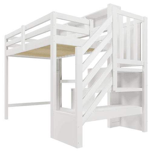 Beliche 90x200 cm - com luzes LED, grande espaço de armazenamento, escada com prateleiras, sem colchão - Branco