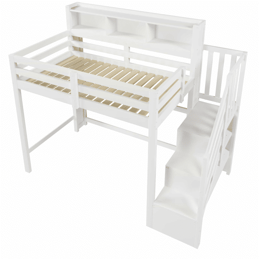 Beliche 90x200 cm - com luzes LED, grande espaço de armazenamento, escada com prateleiras, sem colchão - Branco