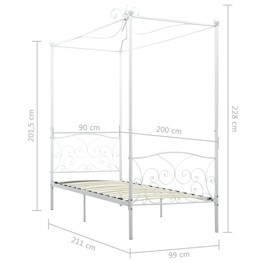 Estrutura de cama de solteiro para adultos com dossel metal branco 90x200 cm