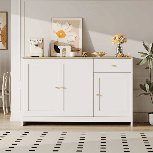 Aparador 120x40x75 cm - 3 portas e 1 gaveta de arrumação, para sala de estar e sala de jantar - Branco e natural