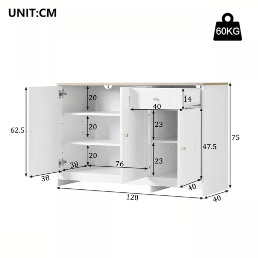 Aparador 120x40x75 cm - 3 portas e 1 gaveta de arrumação, para sala de estar e sala de jantar - Branco e natural
