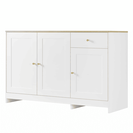 Aparador 120x40x75 cm - 3 portas e 1 gaveta de arrumação, para sala de estar e sala de jantar - Branco e natural