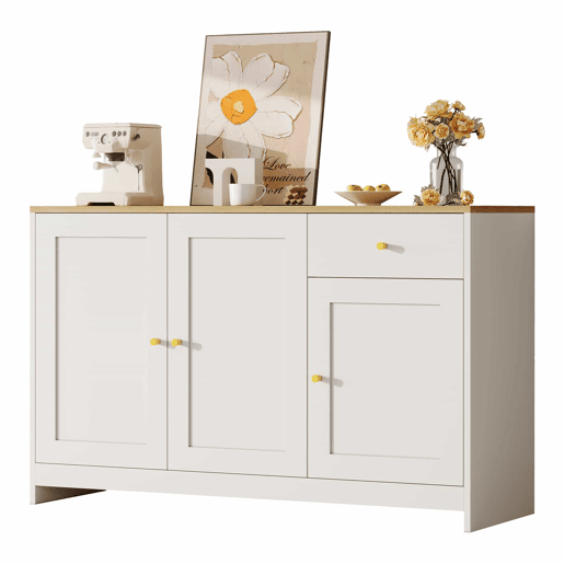 Aparador 120x40x75 cm - 3 portas e 1 gaveta de arrumação, para sala de estar e sala de jantar - Branco e natural